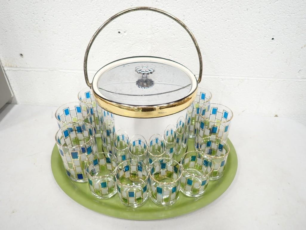 MCM Barware Lot incl 1 Tray, 1 Kraftware Ice Bucket, 10 Libbey Nordic Pattern Glasses (1 of 6)