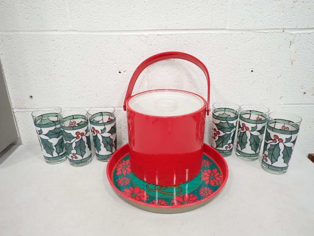 Georges Briard 1970s Red Vinyl Ice Bucket, Giftco Vintage Tray, 6 West Virginia Glass Co Glasses: Georges Briard 1970s Red Vinyl Ice Bucket, Giftco Vintage Tray, 6 West Virginia Glass Co Glasses