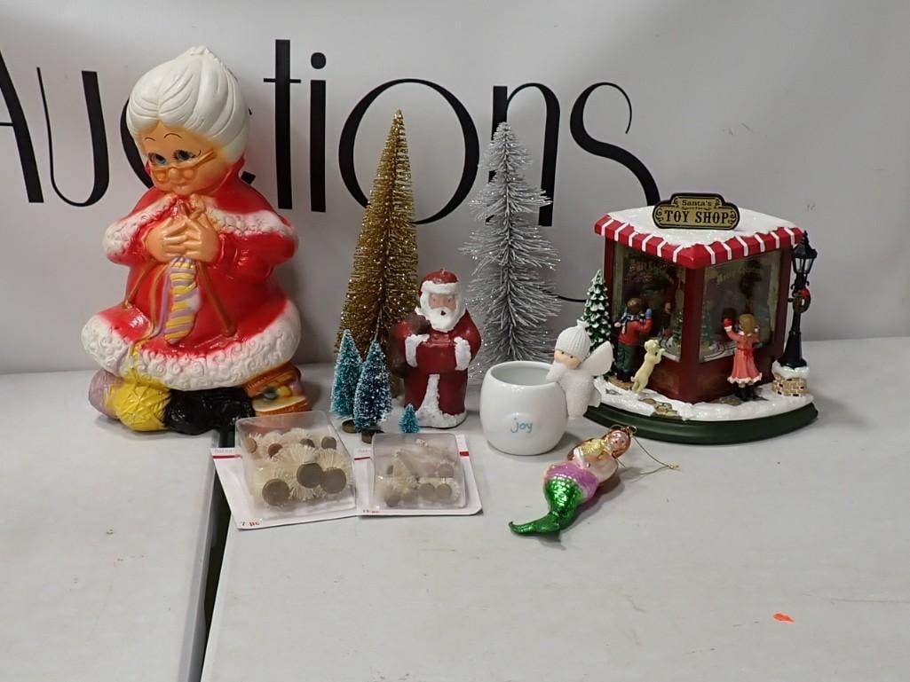 Christmas Lot incl Blow Mold Mrs Santa Claus Coin Bank, Bottle Brush Trees, (1 of 6)