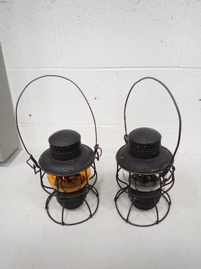 Pair of Antique Railroad Oil Lanterns - CNR Railroad - one clear, one with amber glass (1 of 9)