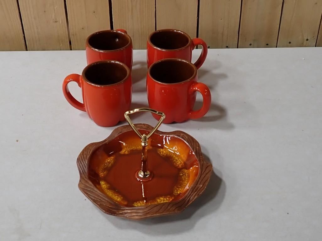 4 Vintage Orange Frankoma Pottery CG Mugs and a USA 737 Tidbit Tray with Center Handle: 4 Vintage Orange Frankoma Pottery CG Mugs and a USA 737 Tidbit Tray with Center Handle and Drip glaze