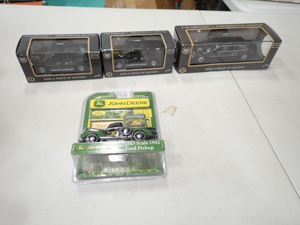 1:43 scale die cast cars including Presidential Limousine and SUVs, John Deere 1942 Ford Pickup (1 of 8)