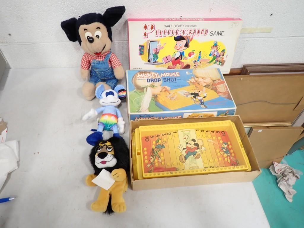 Walt Disney Lot including Vintage Mickey Mouse Drop Shot Game, Pinocchio Game, Plush, Hubert Lion (1 of 10)