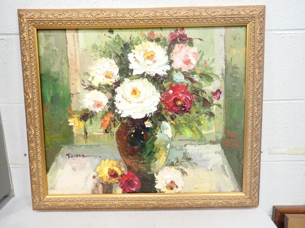 Framed Original Oil on Canvas Floral Painting - Signed- measures roughly 24x28" (1 of 5)
