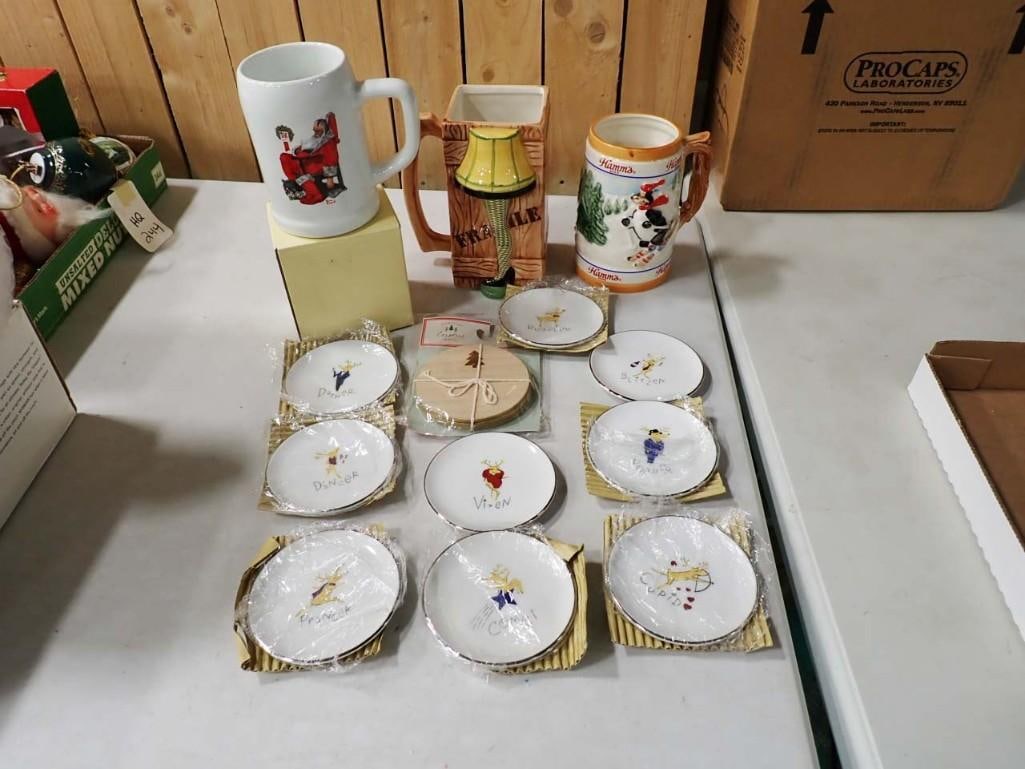 Hamm's Bear Beer Mug, Leg Lamp Mug, Norman Rockwell Santa Mug, Pottery Barn Coasters, (1 of 6)
