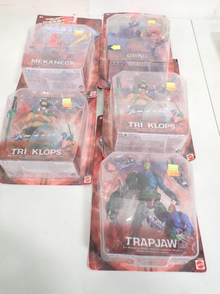 New on Card He-Man Master's of the Universe Action Figures: New on Card He-Man Master's of the Universe Action Figures including Trapjaw, Orko, Tri Klops Mekaneck