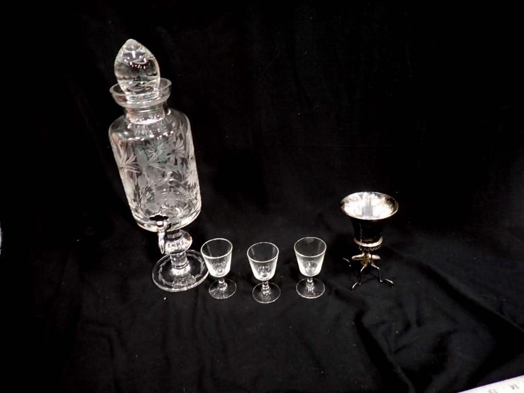 Etched Glass Liquor / Beverage Dispenser, Silverplate "French Man Absinthe" Cup, and 3 Clear Glass (1 of 8)