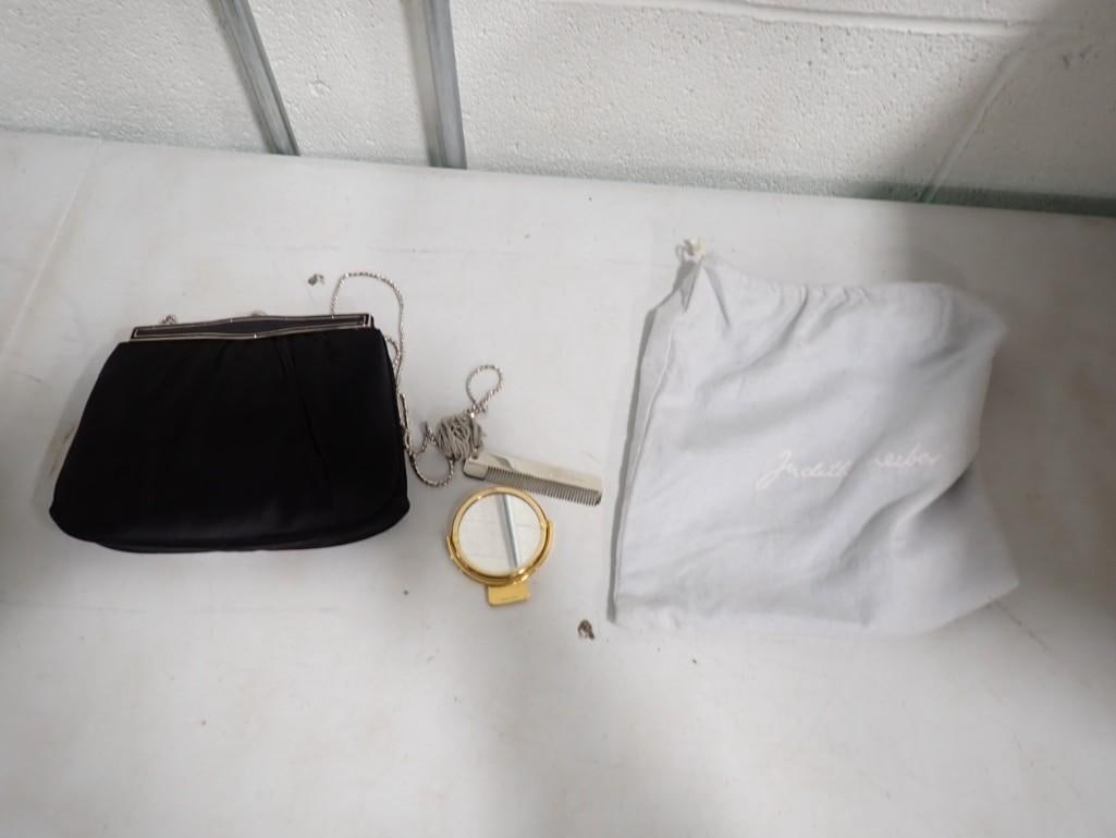 A Judith Leiber Black Satin Evening Bag with Black Rhinestone and Silvertone Hardware (1 of 7)