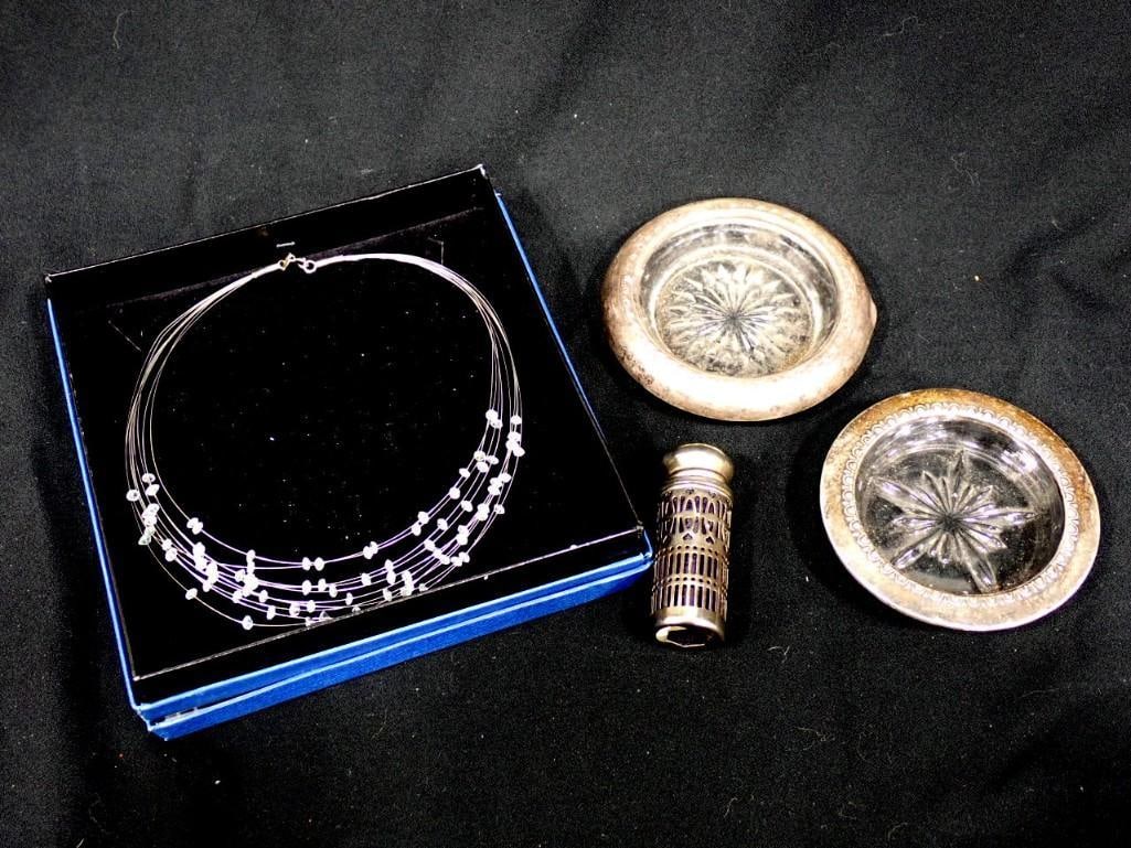 Necklace Marked .925, 2 Glass and Silverplate Ashtrays, Cobalt Blue Glass and Silverplate Salt Shake (1 of 6)
