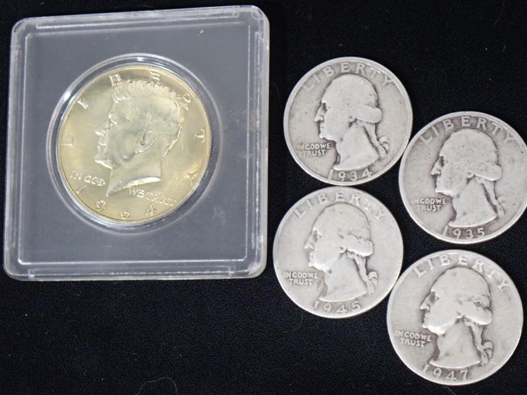 Coin Lot incl 4 90% Silver Quarters incl 1934, 1935, 1945, 1947 and a Gold Tone 1964 Kennedy Half Do (1 of 6)