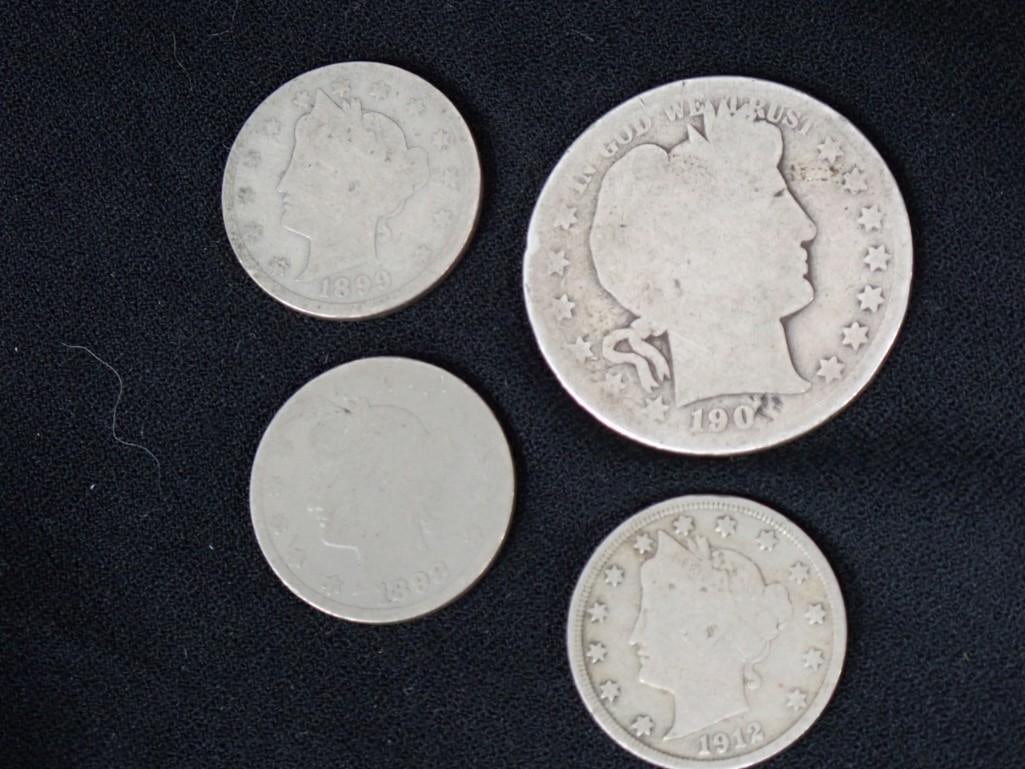 Coin Lot incl 1 Barber Half Dollar and 3 Liberty V Nickels (1 of 10)
