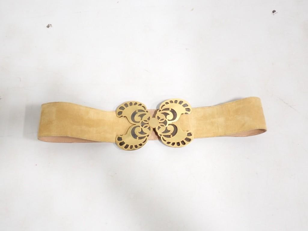 Yves Saint Laurent Suede Leather Belt with Brass Butterfly Buckle Stamped YSL: Yves Saint Laurent Suede Leather Belt with Brass Butterfly Buckle Stamped YSL