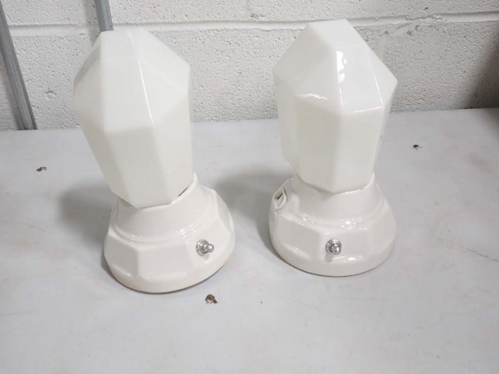 Pr of Art Deco White Porcelain and Glass Sconces, One with an Outlet: Pair of Art Deco White Porcelain and Glass Sconces, One with an Outlet