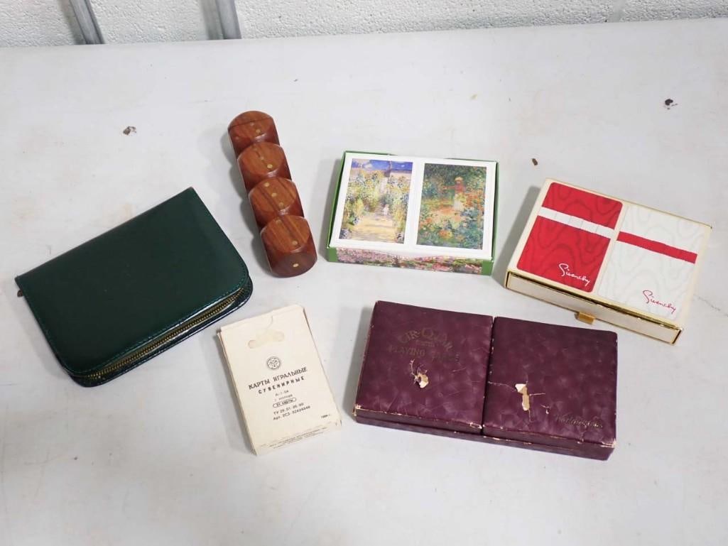 Group of Gaming Items in Brass Inlaid Wood Dice Container with 5 Sealed Matching Dice, 2 Decks of Wa (1 of 19)