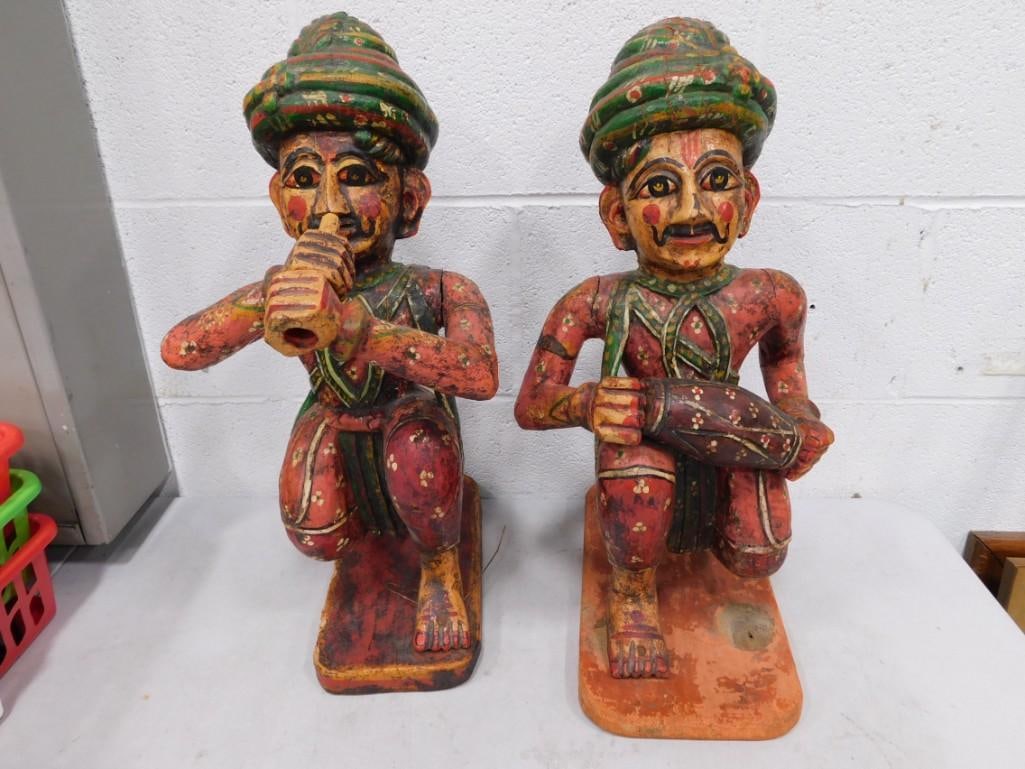 Pair of Vintage Indian Wooden Dhol Musician Statues - hand painted: Pair of Vintage Indian Wooden Dhol Musician Statues - hand painted - there are some cracks in the wood through out, but they hold together. Each one is roughly 18"