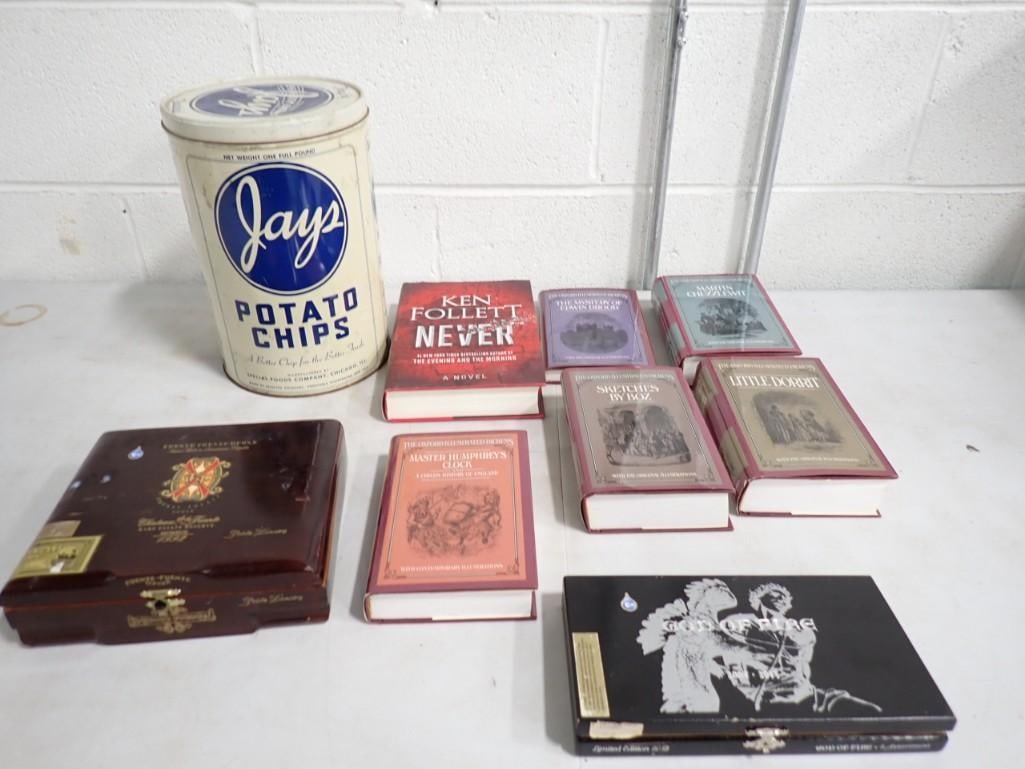 Misc. Lot including Books, Vintage Jays Potato Chips Tin, Wooden Cigar Boxes (1 of 9)