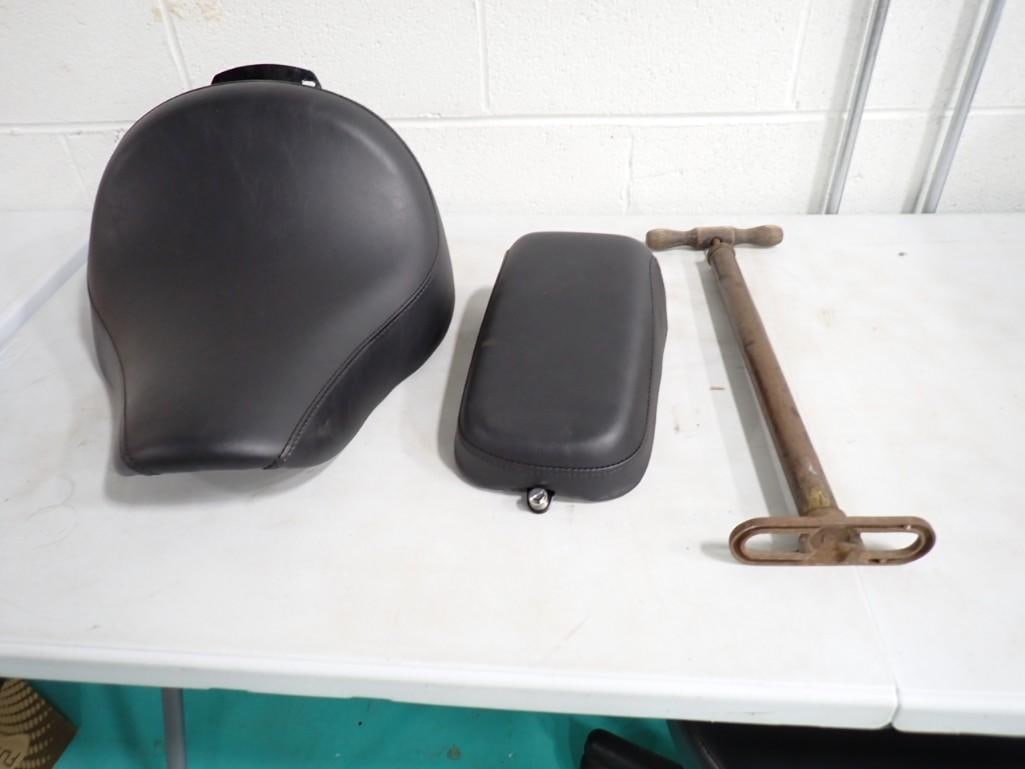 Harley Davidson Motorcycle Seat and a vintage Air Pump (1 of 11)