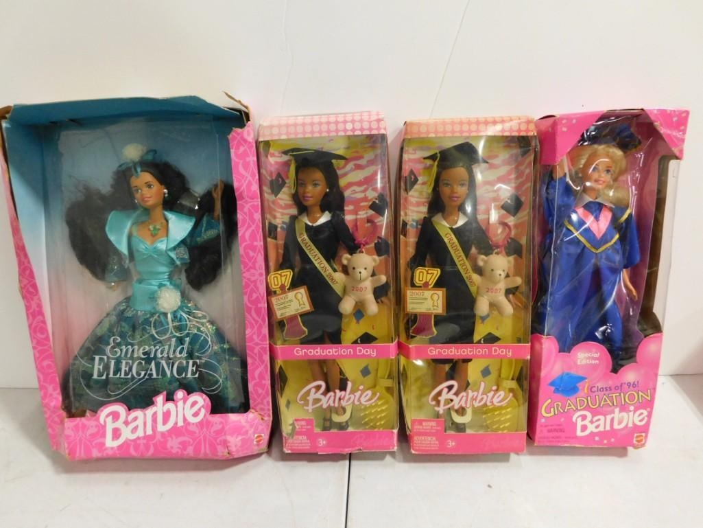 4 Vtg Barbies incl Emerald Elegance & Graduations Dolls NIB: 4 Vintage Barbies incl Emerald Elegance & Graduations Dolls NIB . 1995 & 2006 Graduation Barbie Dolls are new in damaged boxes