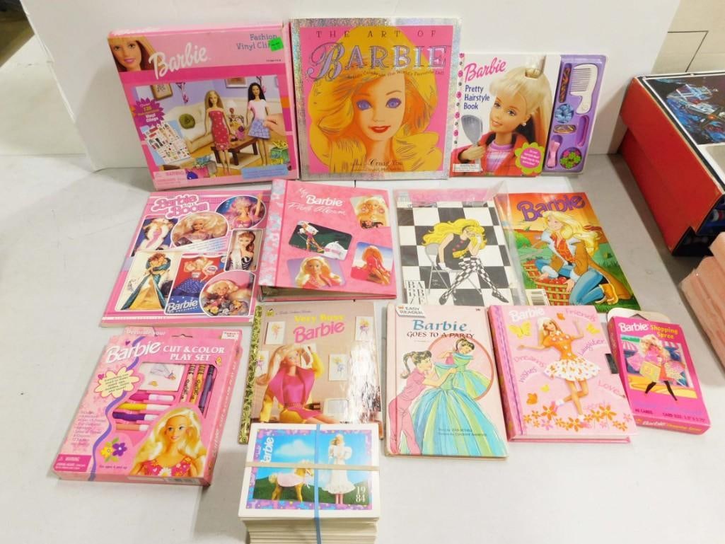 Vtg Barbie Books, Photo Album, Fashion Vinyl Clings, Trading Cards, Playsets Lot: Barbie books, comic book, photo album, card game, approximately 290 Fashion Facts Trading Cards and play sets, etc