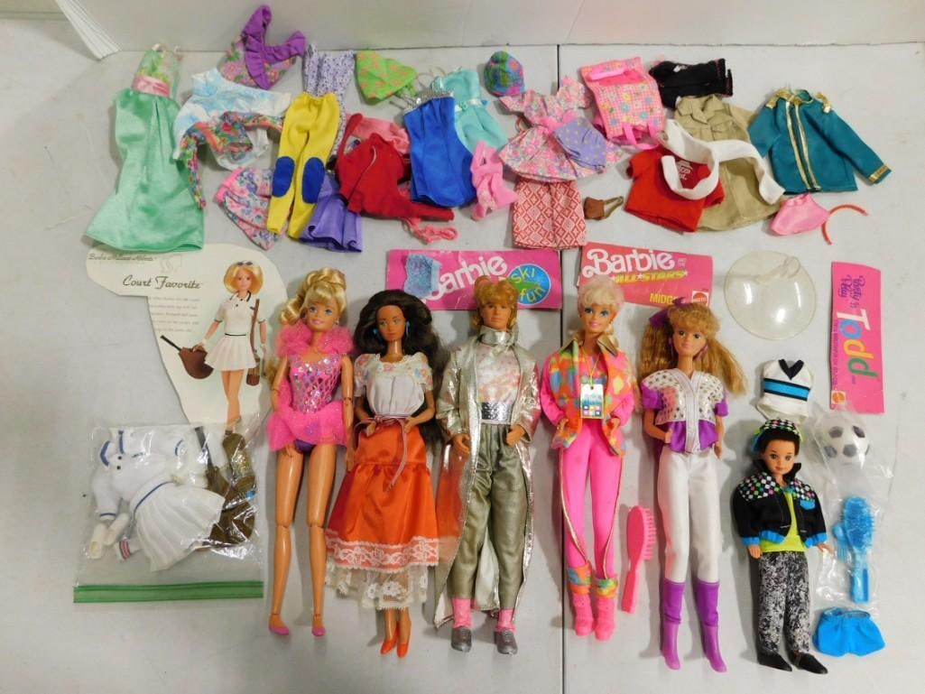 5 Vtg Dolls incl Rockers Ken, All Stars Midge, Ballerina Barbie, Todd, Mexican Barbie Dolls Lot: Rockers Ken, All Star Midge, Twirling Ballerina Barbie, Party 'n Play Todd, Hispanic Barbie. Clean, includes items shown