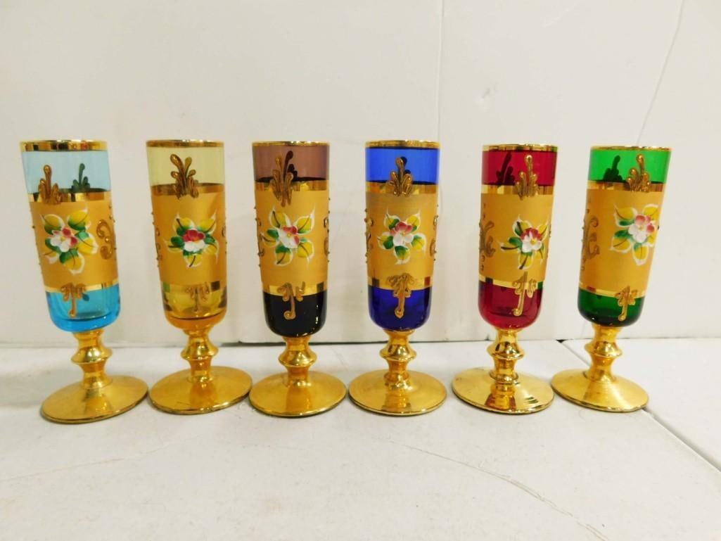 6 Vintage Cordials or Liqueur Stemware Glasses Hand Painted with Gold Gilt (1 of 4)