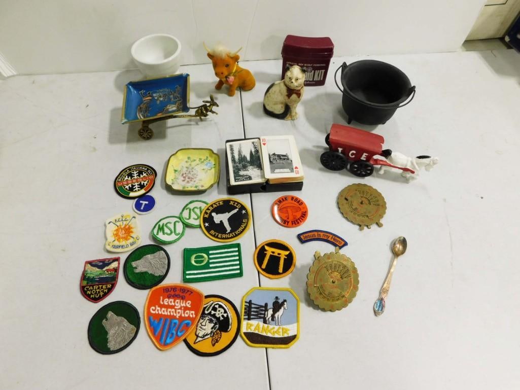 Lot of Vintage Smalls incl Cast Iron Toys, Flocked Cow Figure, Embroidered Patches, (1 of 6)