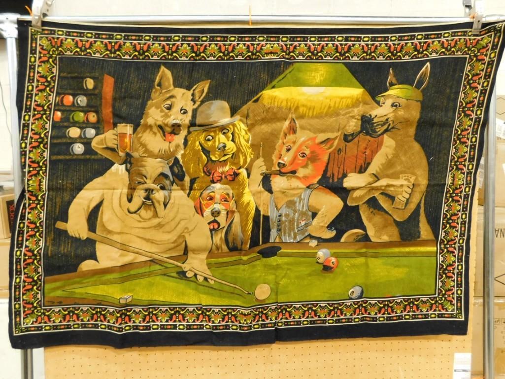 Vtg 1970s Dogs Playing Pool Wall Hanging Made in Turkey 57"x39": Vintage 1970s Dogs Playing Pool Wall Hanging Made in Turkey 57"x39" . 100% Cotton