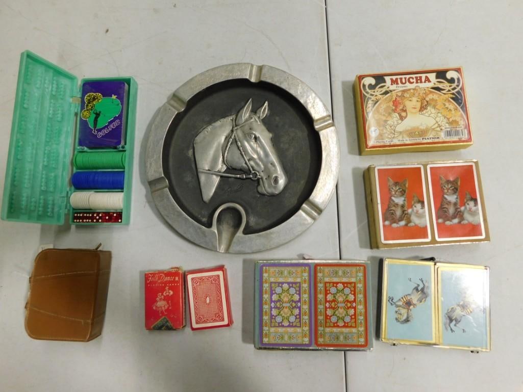 Lot of Smalls incl Vintage Horse Ashtray, Playing Cards, etc: Lot of Smalls incl Vintage Horse Ashtray Signed Bruce Cox, Playing Cards, etc Condition: not checked for completeness.