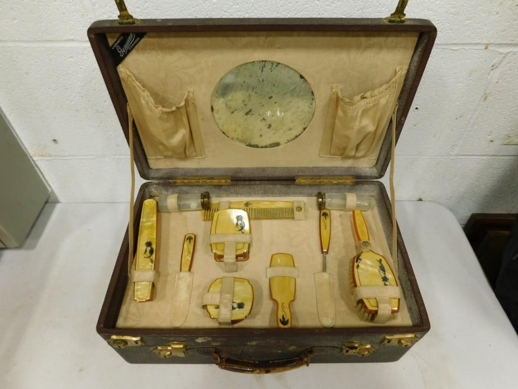 Vintage Leather Suitcase with Celluloid Dresser Set Inside (1 of 11)