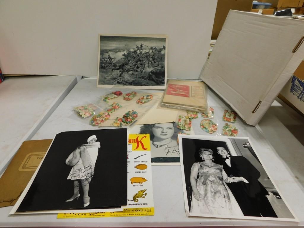 Vintage Ephemera Lot including Vintage Autographs - Jo Strafford, Perry Como, Dr. Blumers: Vintage Ephemera Lot including Vintage Autographs - Jo Strafford, Perry Como, Dr. Blumers Gelatine Dessert Packaging, etc.