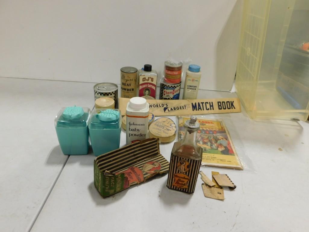 Vintage Bathroom / Medicine Cabinet containers, World's Largest Match Book, etc: Vintage Bathroom / Medicine Cabinet containers, World's Largest Match Book, etc