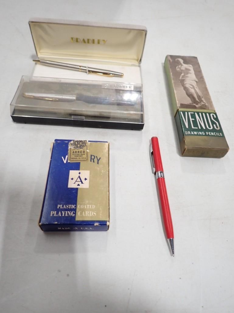 Lot of Fancy Pencils and Pens, Playing Cards including Bradley, Venus, Arrco: Lot of Fancy Pencils and Pens, Playing Cards including Bradley, Venus, Arrco