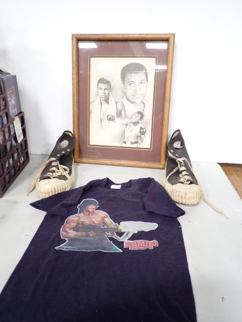 Misc. Lot including Vintage Jerry West All Pro Basketball Shoes, Kids Rambo Iron On T-shirt, (1 of 9)