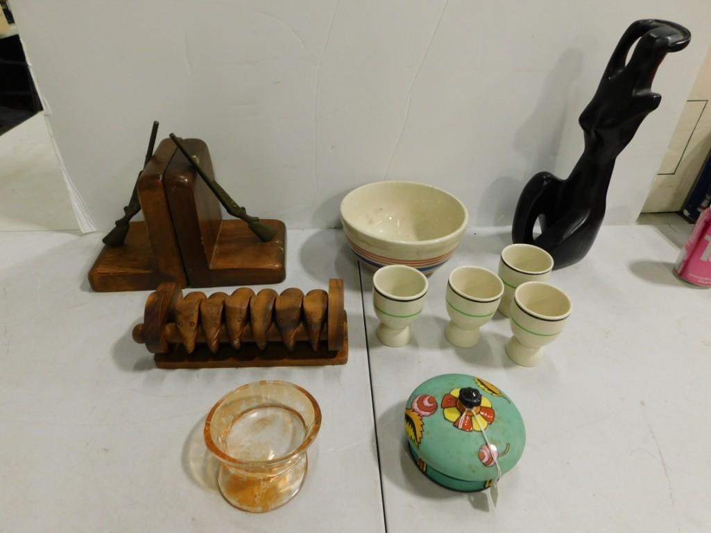 Misc. lot - elephant napkin rings, book ends, Lady Figurine art piece, egg cups, bowl, etc. (1 of 6)