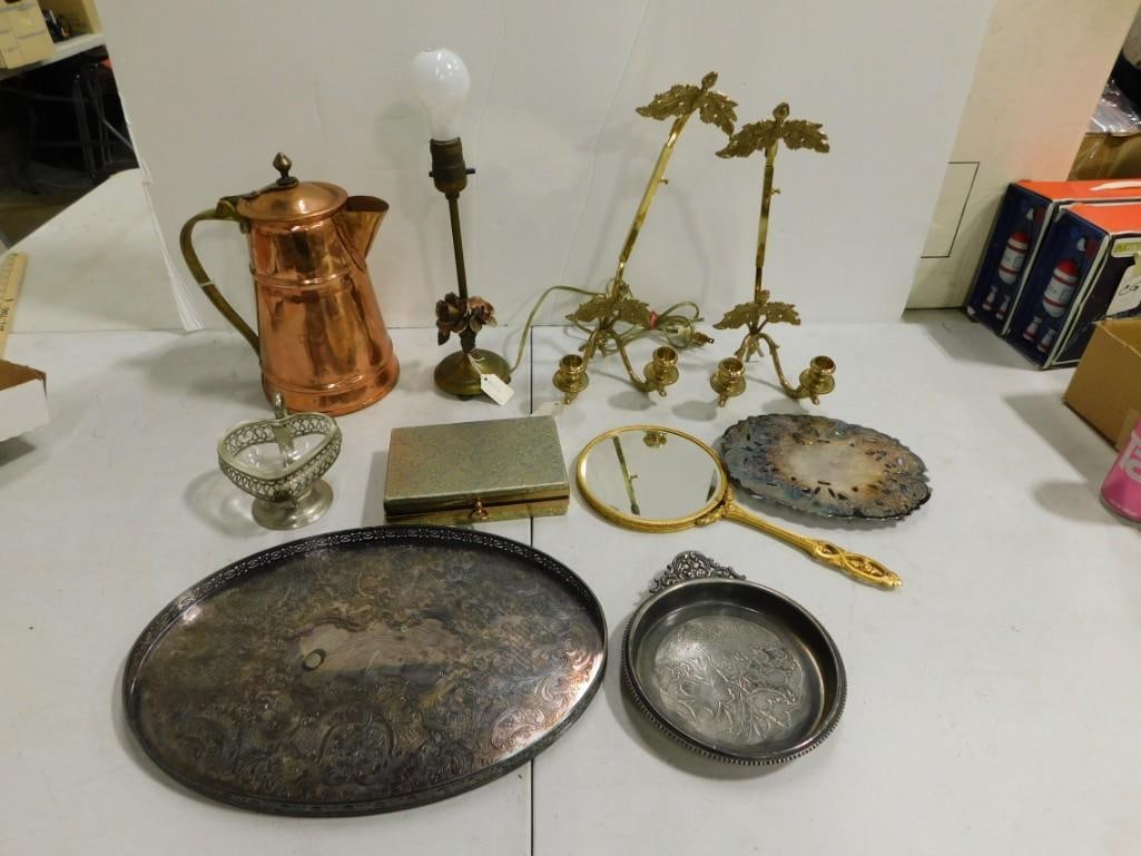 Collectibles incl Silverplate Tray, Silverplated Coin Dish, Copper and Brass Coffee Pot, (1 of 8)