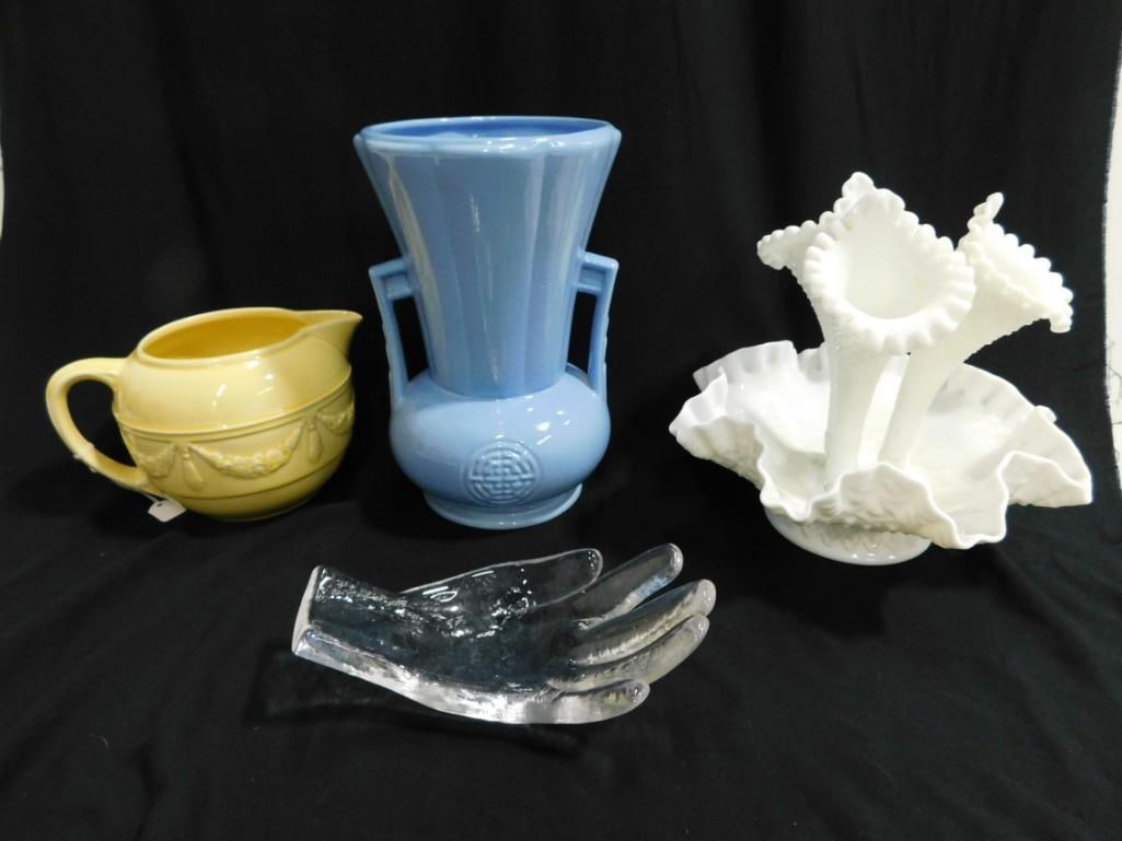 Vintage Hobnail Milk Glass Epergne, Vintage Blue Pottery Vase, Vintage Yellow Ceramic Creamer, (1 of 8)
