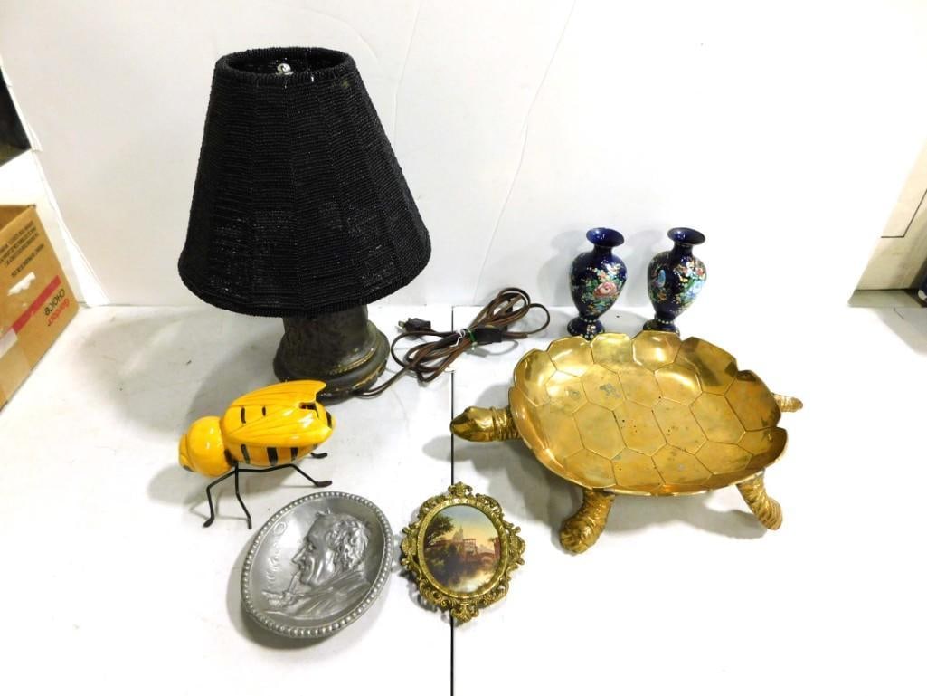 Collectibles incl Brass Turtle Trinket Dish, Bumblebee Figure, Small Lamp with Beaded Shade, etc: Collectibles incl Brass Turtle Trinket Dish, Bumblebee Figure, Small Lamp with Beaded Shade, etc