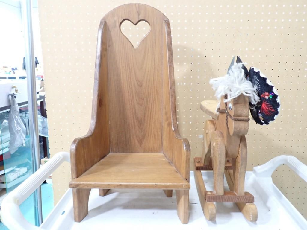 Wood Rocking Horse and Doll Chair: Wood Rocking Horse and Doll Chair