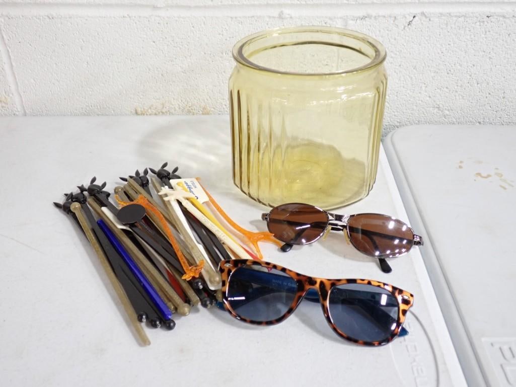 Lot of Smalls incl Vintage Stirrers or Stir Sticks, Sunglasses, Depression Glass Jar: Lot of Smalls incl Vintage Stirrers or Stir Sticks including Playboy Stirrers, Sunglasses, Depression Glass Jar - no lid