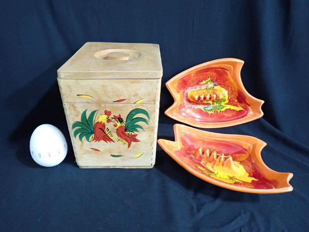 MCM Drip Glaze Ceramic Ashtrays, Rooster Canister, Egg Timer (1 of 15)