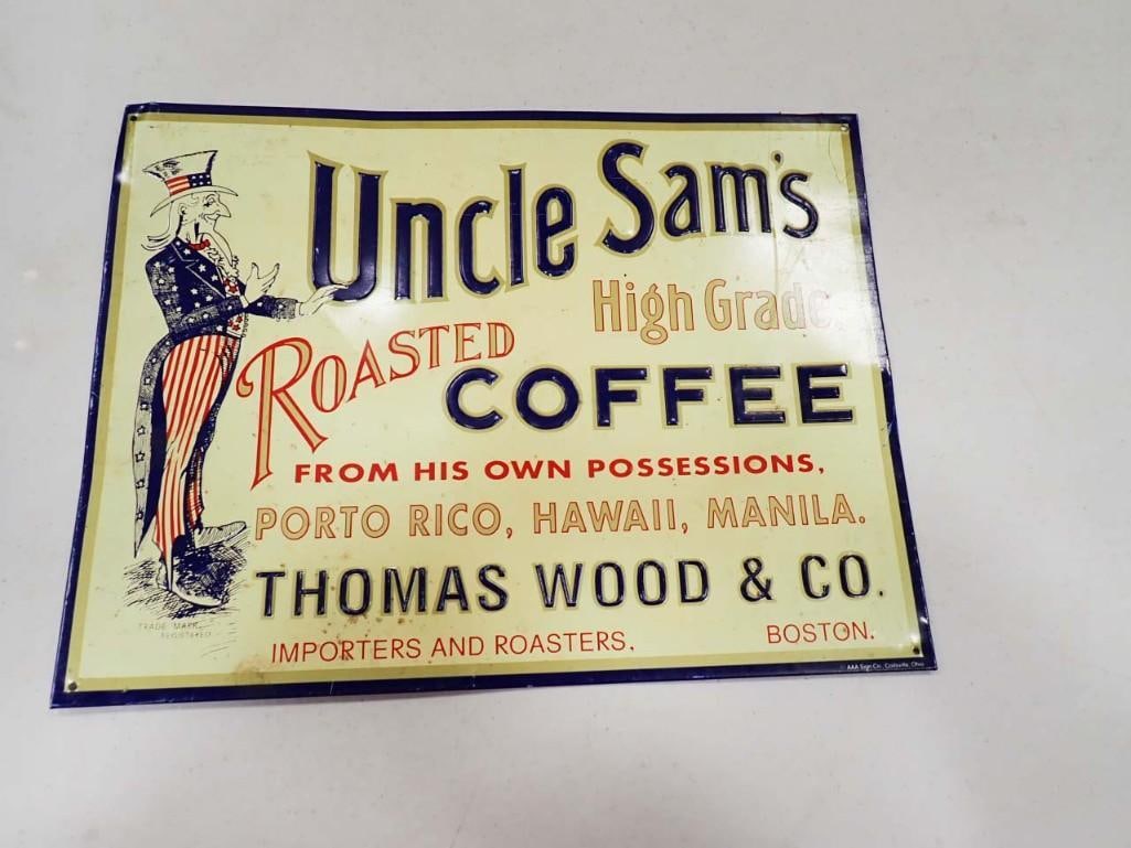 Uncle Sam's Coffee Thomas Wood & Co Embossed Metal Sign 16" x 12" (1 of 3)
