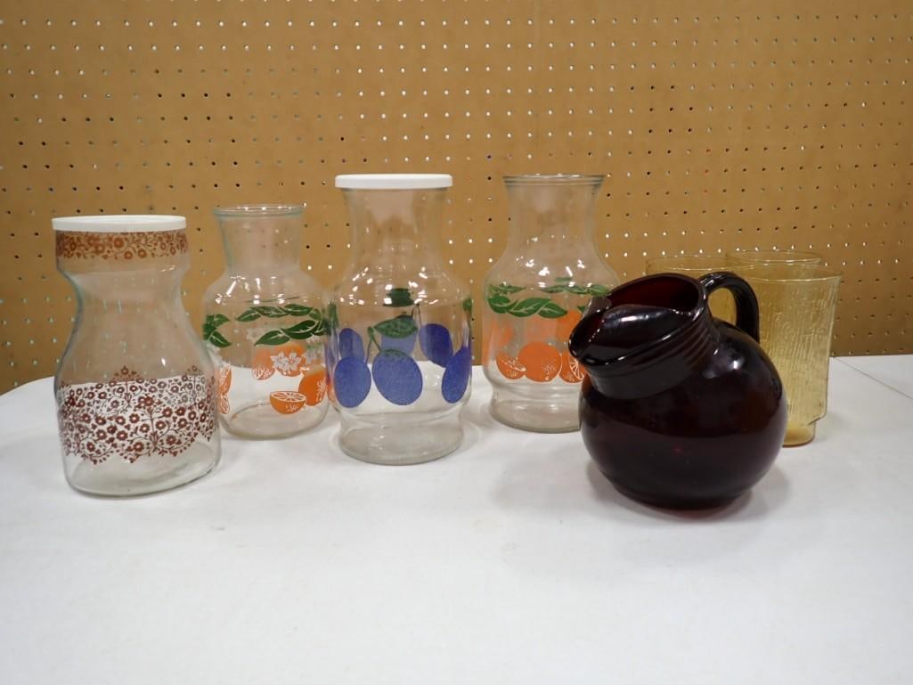 Vintage Carafes, Ruby Red Glass Ball Pitcher, Amber Glass Tumblers (1 of 5)