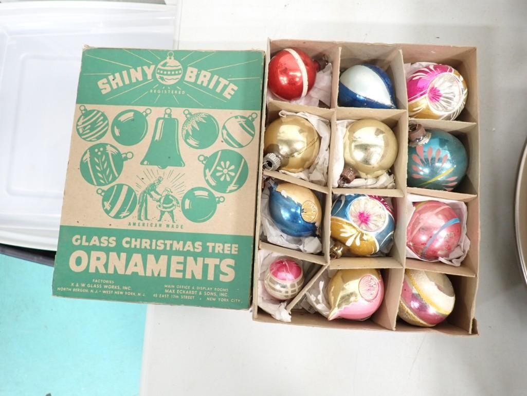 Vintage Glass Christmas Ornaments in a Shiny Brite Box incl Teardrop Indent, Beach Ball, Etc: Vintage Glass Christmas Ornaments in a Shiny Brite Box incl Teardrop Indent, Beach Ball, Etc