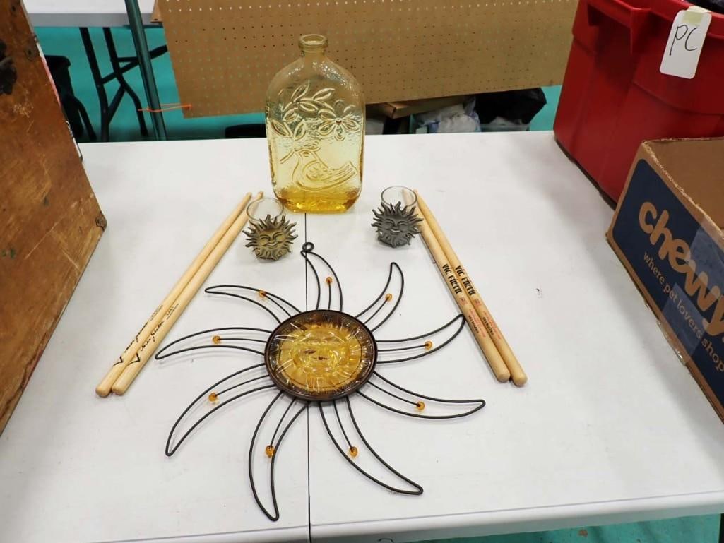 Misc incl Sunshine Window Decoration, Amber Glass Bottle, 2 pr Vic Firth Drumsticks (1 of 6)