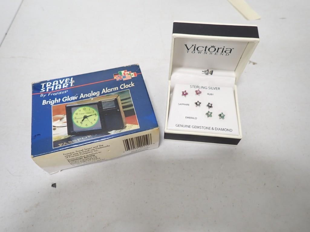 Vintage Travel Alarm Clock and Victoria Townsend Earrings marked Sterling Silver (1 of 6)
