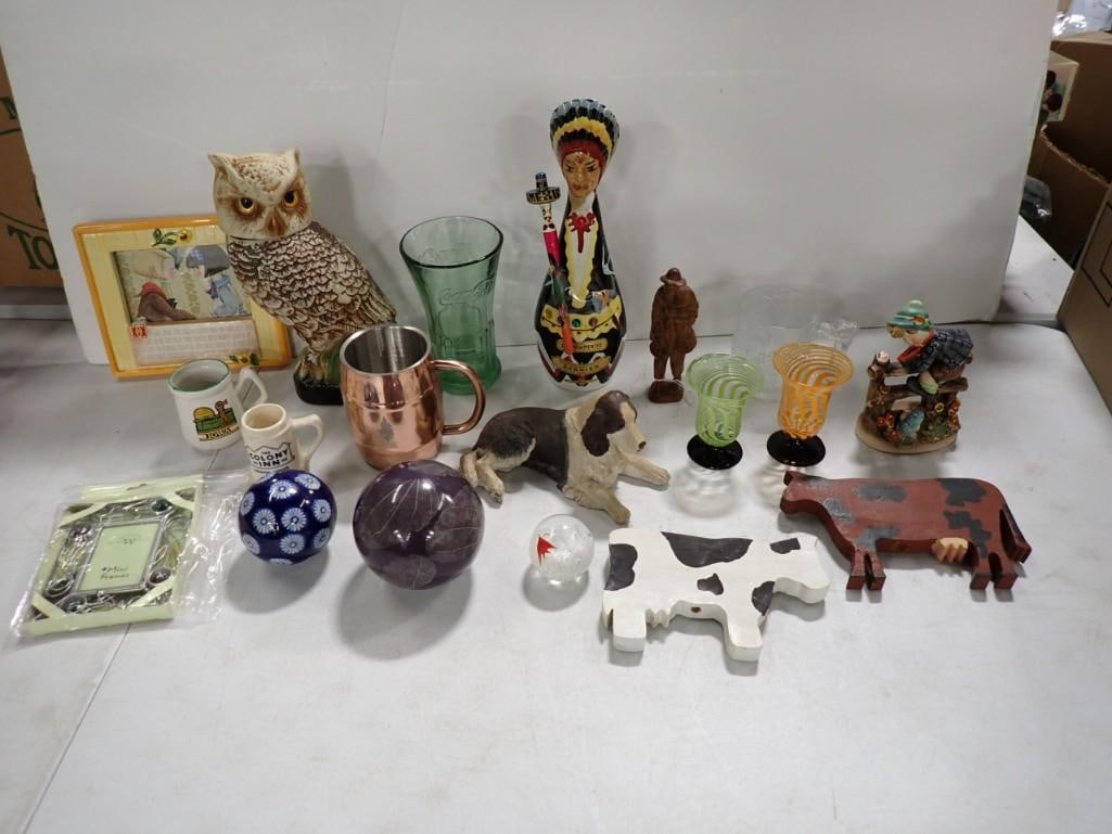 Smalls Lot including Jim Bean Owl Decanter, Green Glass Coke, Home Decor, Paper Weight, Carved Wood, (1 of 10)