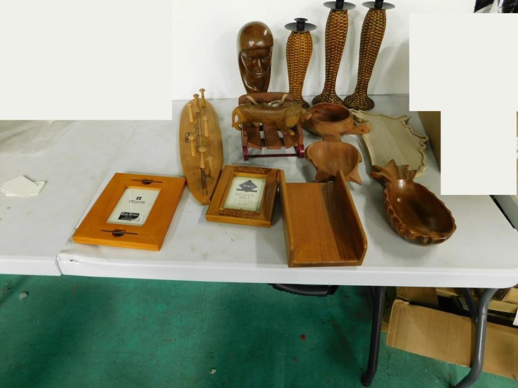 Lot of Carved Wood and Woven items - Turtle Bowls, Candle Sticks, Frames, Surf Board Hat Rack, USA M (1 of 4)