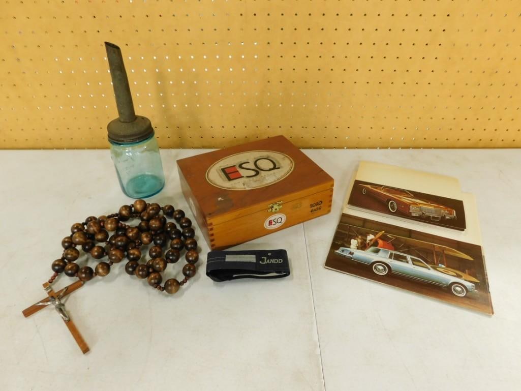 Misc. Lot - Jandd Ankle strap, blue glass jar with funnel spout, wooden cigar box with smalls, rosar (1 of 7)