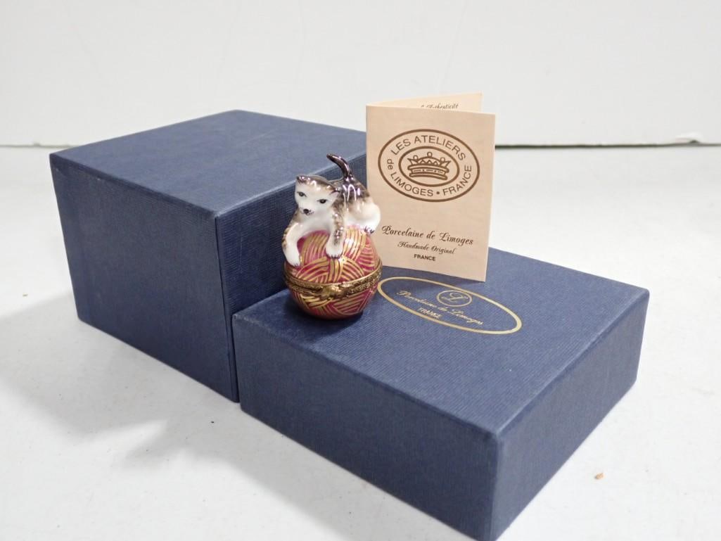 Limoges Box Cat or Kitten on Yarn Porcelain Trinket Box with Original Box and Tag: Limoges Box Cat or Kitten on Yarn Porcelain Trinket Box with Original Box and Tag Made in France