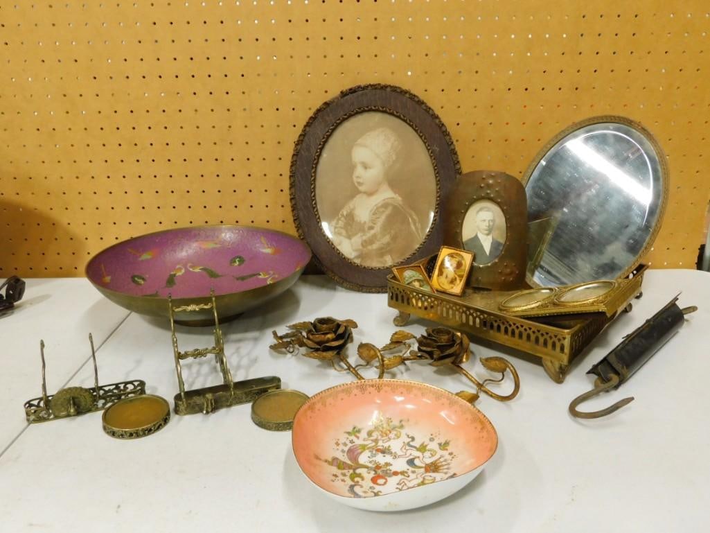 Lot of Vintage incl Brass Items, Beveled Mirror, Vintage Scale, Porcelain Bowl, Rose Wall hooks,: Lot of Vintage incl Brass Items, Beveled Mirror, Vintage Scale, Porcelain Bowl, Rose Wall hooks, brass enameled bowl, etc